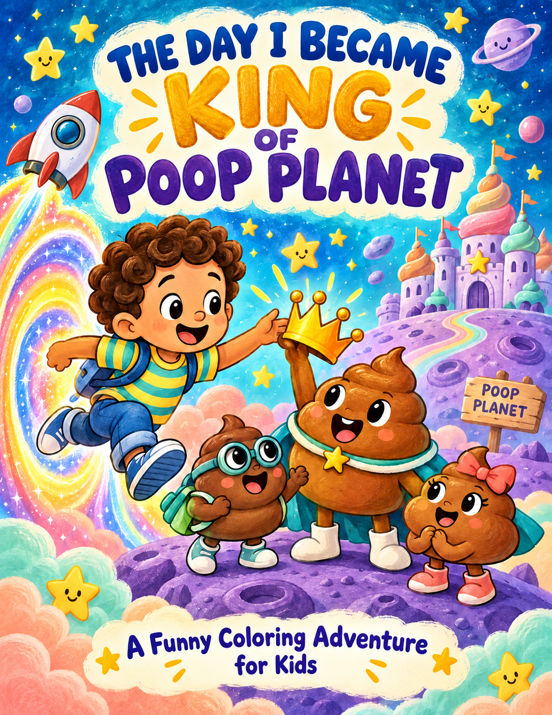 The Day I Became King of Poop Planet: Kai and his new friends beneath a rainbow beside a purple castle.